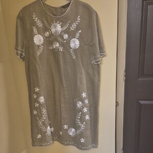 Zara Olive Green Dress with White Floral Embroidery 200%Linen